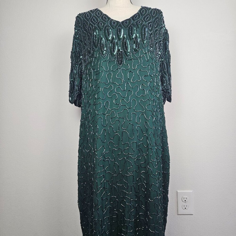 Women's Vintage Beaded 100% Silk Emerald Green Dress Size 2X